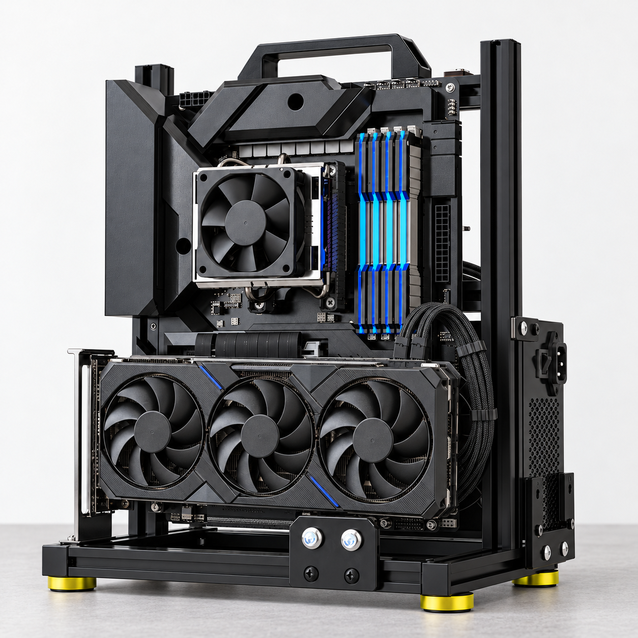 Triple-fan vertically mounted GPU, black frame, top handle and dual front buttons