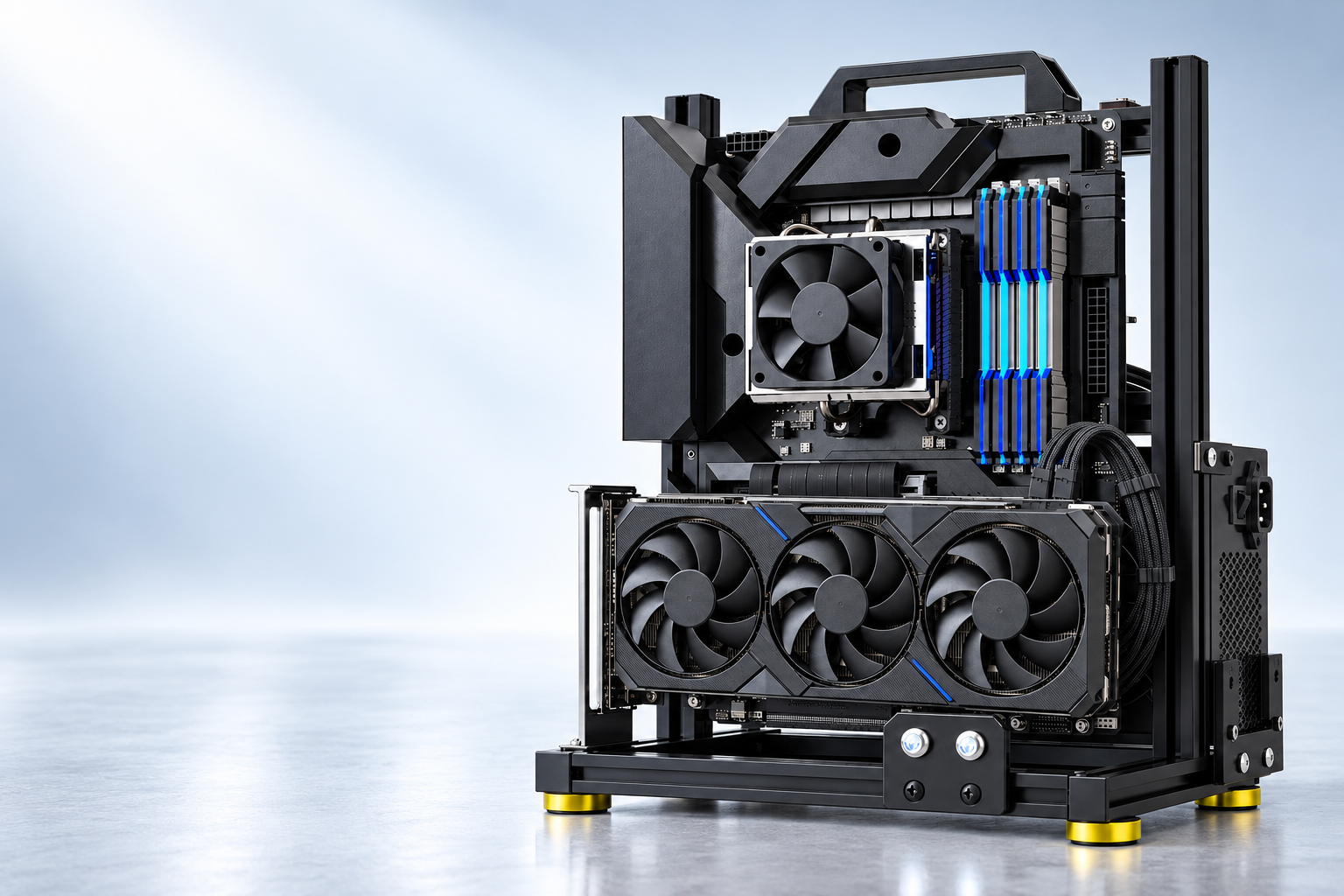 EGOWZ open-frame case with a vertically mounted triple-fan GPU, air cooler and blue-lit memory in an icy silver-white studio